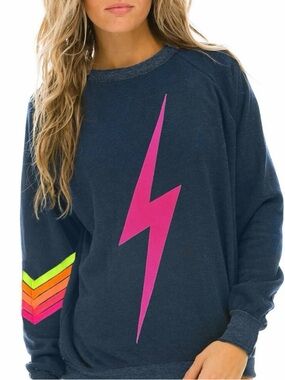 Aviator Nation Bolt Chevron 5 Crew Sweatshirt Navy Heather Pink Neon Small Rare!